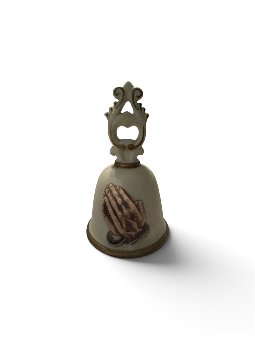 Homco Cream and Brown Praying Hands Ceramic Bell 6” tall